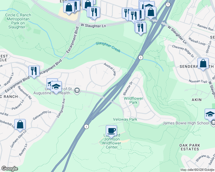 map of restaurants, bars, coffee shops, grocery stores, and more near 5230 Austral Loop in Austin