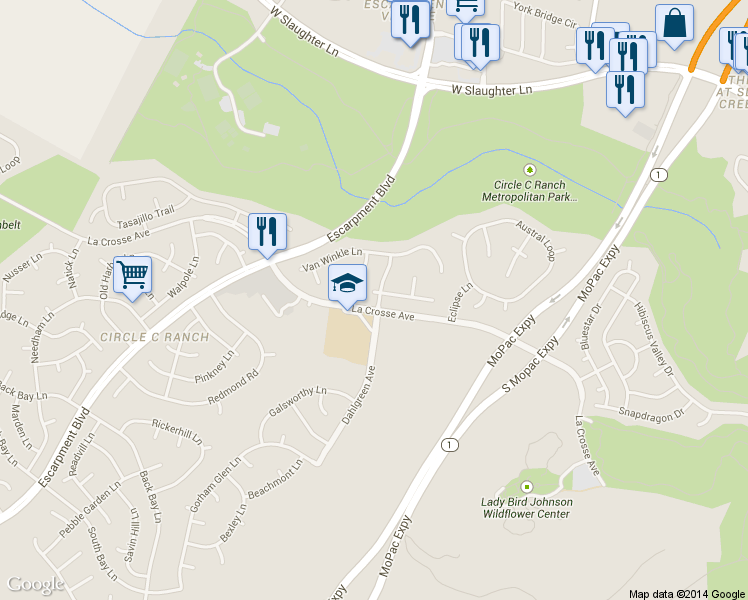 map of restaurants, bars, coffee shops, grocery stores, and more near 5913 La Crosse Avenue in Austin