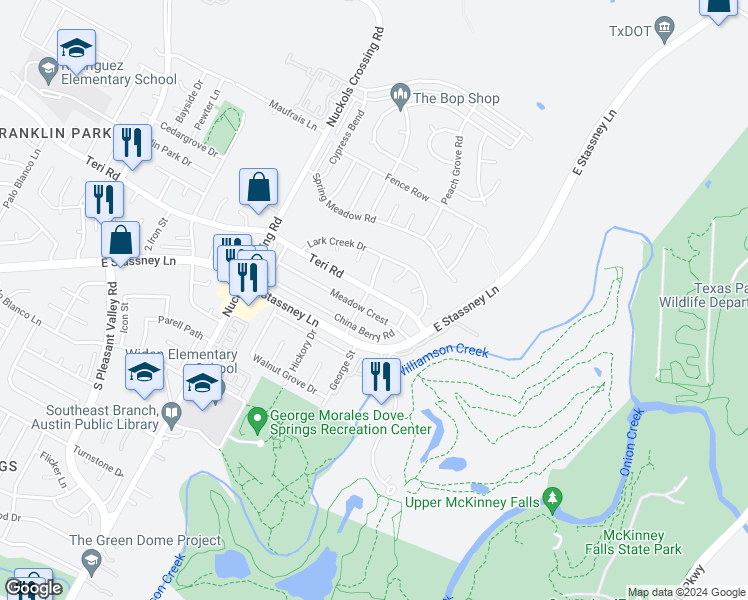 map of restaurants, bars, coffee shops, grocery stores, and more near 5703 Teri Road in Austin