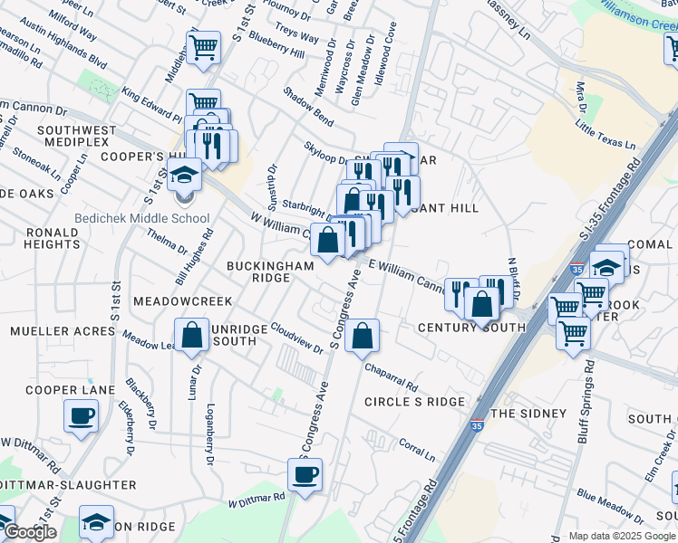 map of restaurants, bars, coffee shops, grocery stores, and more near 111 West William Cannon Drive in Austin