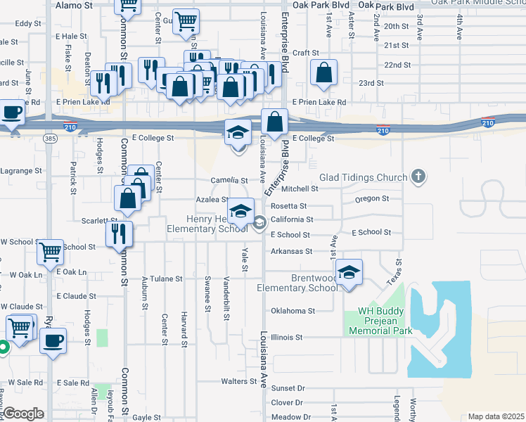 map of restaurants, bars, coffee shops, grocery stores, and more near 3600 Louisiana Avenue in Lake Charles