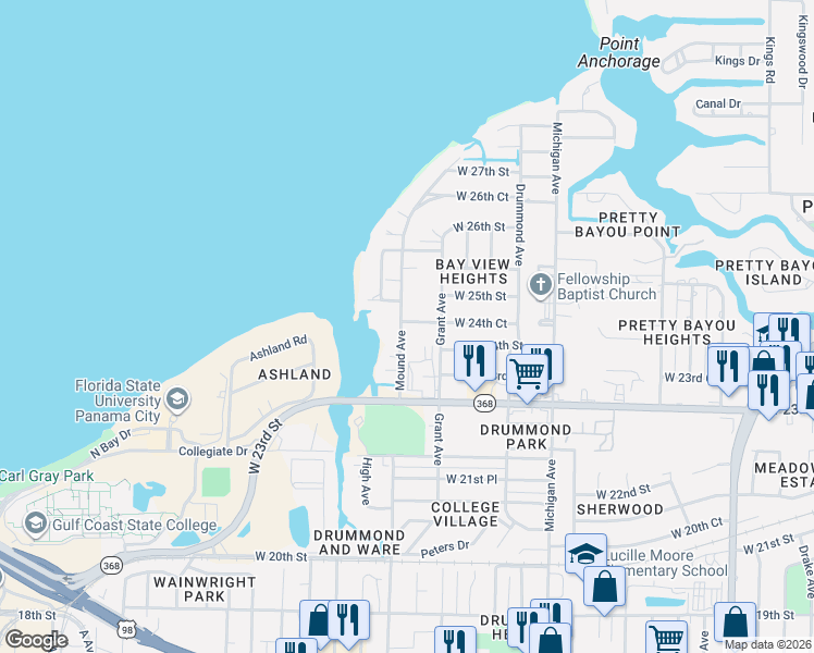 map of restaurants, bars, coffee shops, grocery stores, and more near 2319B Mound Avenue in Panama City
