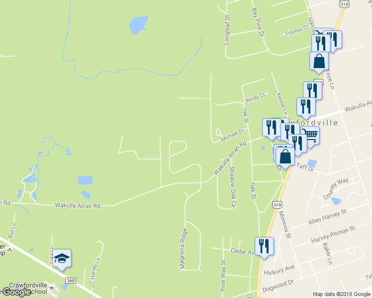 map of restaurants, bars, coffee shops, grocery stores, and more near 174 Savannah Forest Circle in Crawfordville