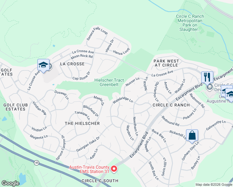 map of restaurants, bars, coffee shops, grocery stores, and more near 10801 Ariock Lane in Austin