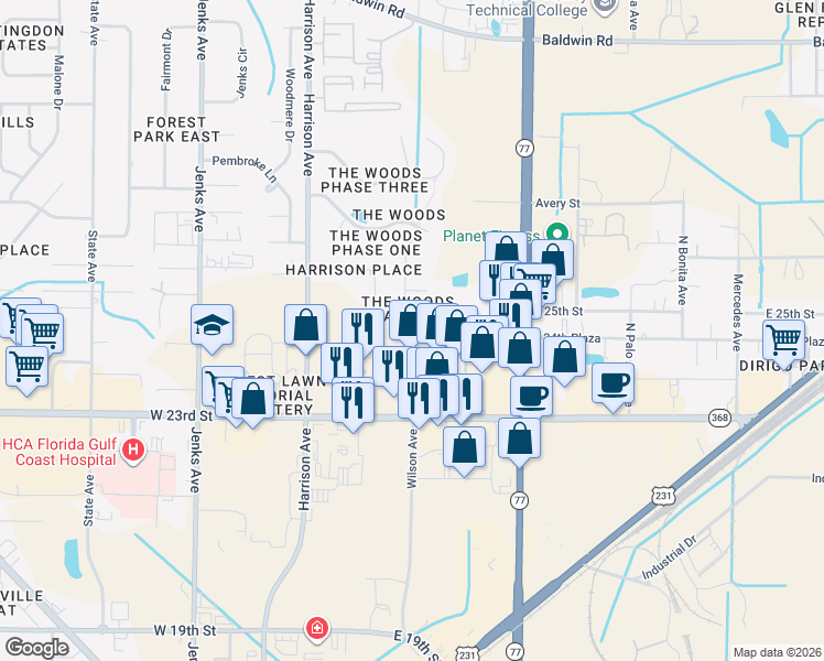 map of restaurants, bars, coffee shops, grocery stores, and more near 502 Parkwood Drive in Panama City