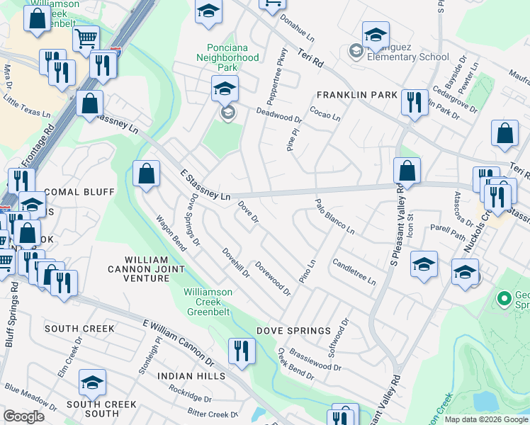 map of restaurants, bars, coffee shops, grocery stores, and more near 2407 Dove Drive in Austin