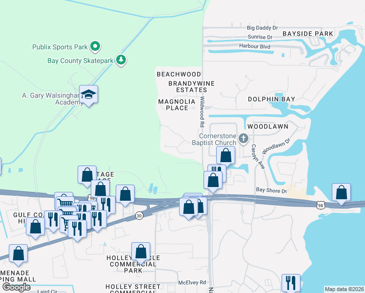 map of restaurants, bars, coffee shops, grocery stores, and more near Bay Villa Circle in Panama City Beach