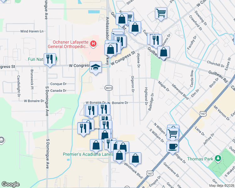 map of restaurants, bars, coffee shops, grocery stores, and more near 206-208 Wayside Drive in Lafayette
