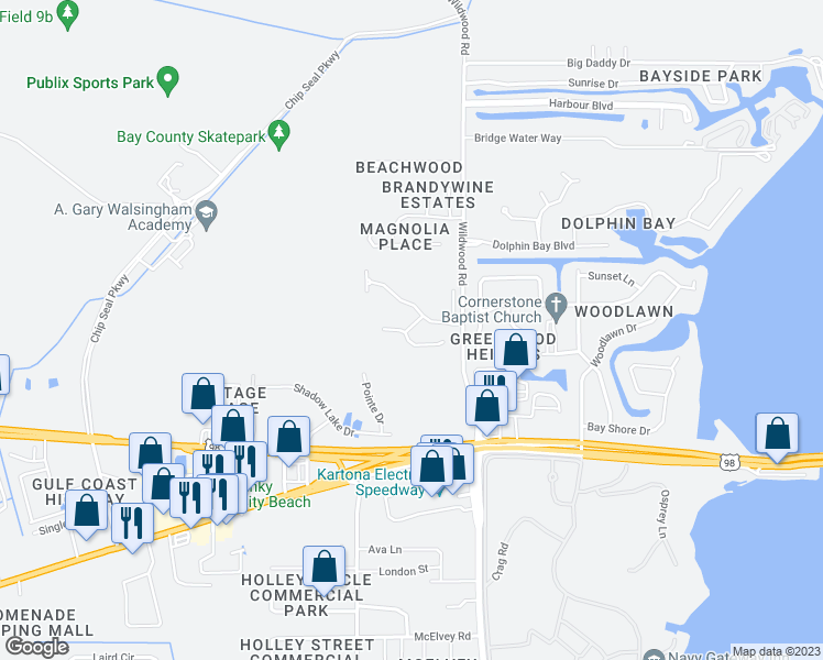 map of restaurants, bars, coffee shops, grocery stores, and more near Bay Villa Circle in Bay County