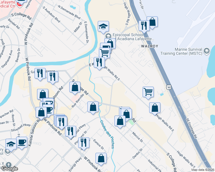 map of restaurants, bars, coffee shops, grocery stores, and more near 101 Oak Terrace Drive in Lafayette