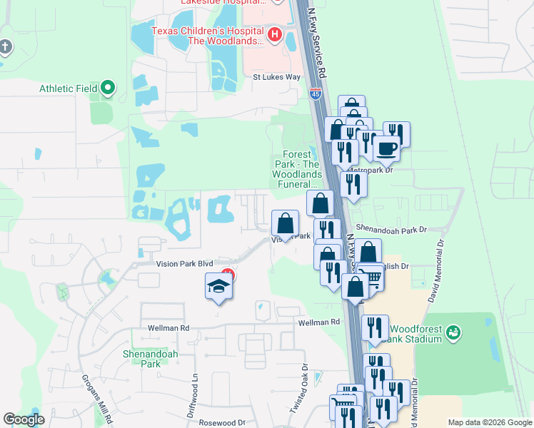 map of restaurants, bars, coffee shops, grocery stores, and more near 259 Green Boulevard in Conroe