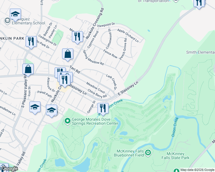 map of restaurants, bars, coffee shops, grocery stores, and more near 5715 Teri Road in Austin
