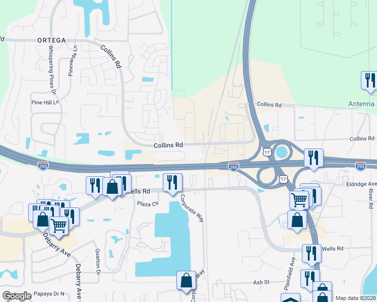 map of restaurants, bars, coffee shops, grocery stores, and more near 8609 Knightsbridge Circle East in Jacksonville