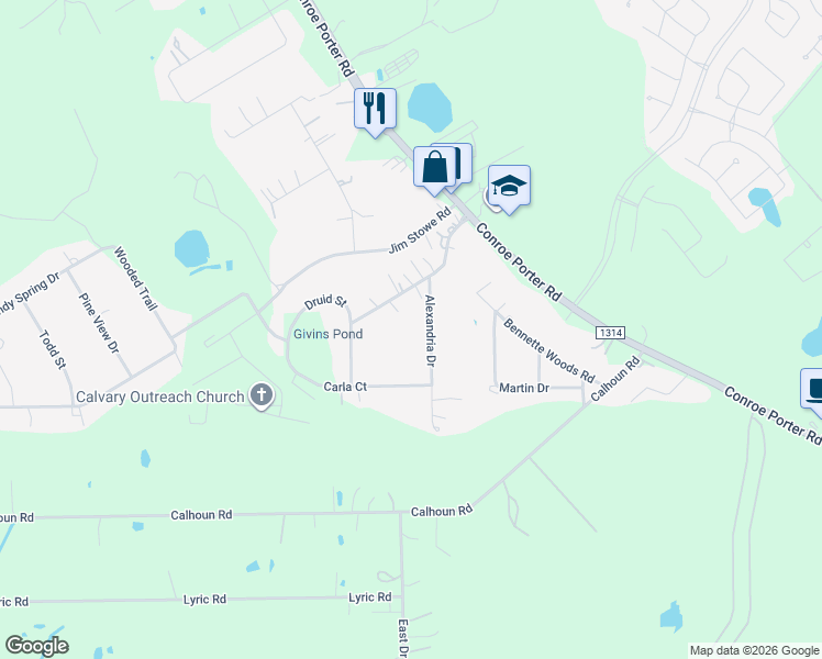 map of restaurants, bars, coffee shops, grocery stores, and more near 17906 Alexandria Drive in Conroe