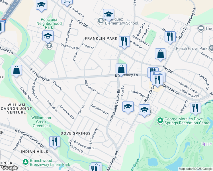 map of restaurants, bars, coffee shops, grocery stores, and more near 4604 East Village Court in Austin