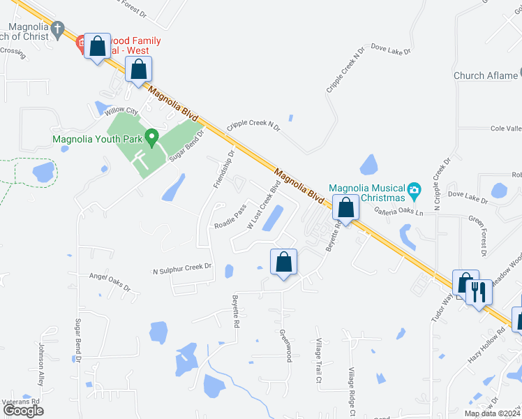 map of restaurants, bars, coffee shops, grocery stores, and more near 38223 West Lost Creek Boulevard in Magnolia