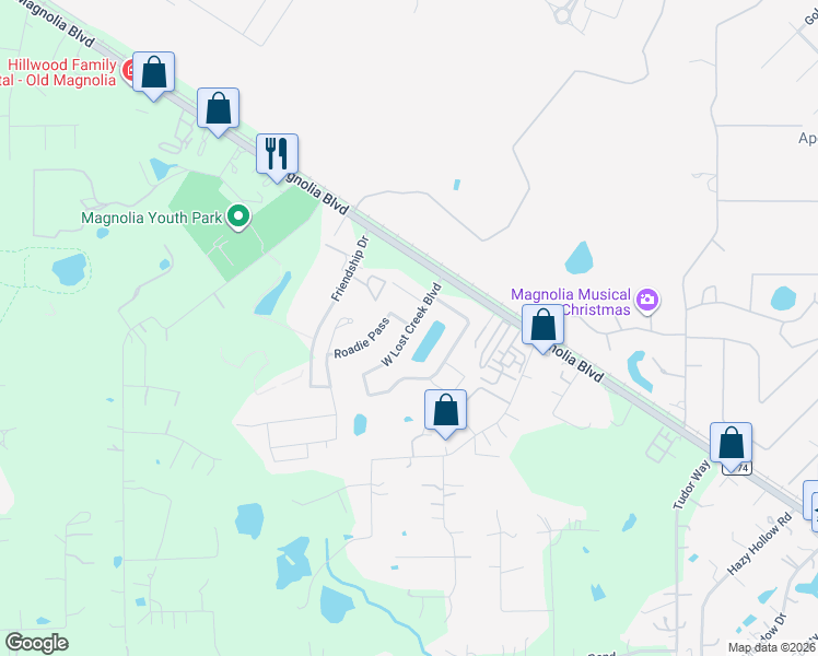 map of restaurants, bars, coffee shops, grocery stores, and more near 31023 West Lost Creek Boulevard in Magnolia