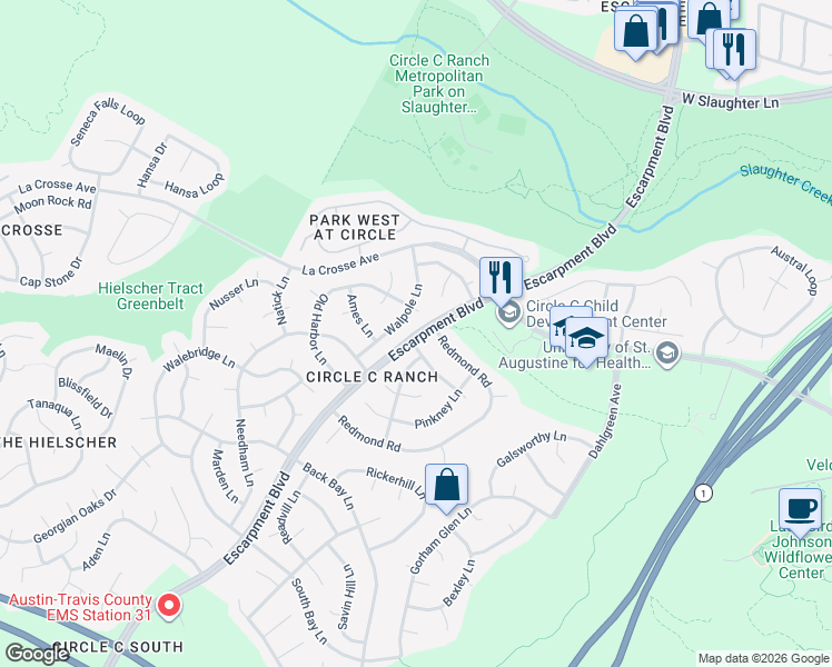 map of restaurants, bars, coffee shops, grocery stores, and more near Escarpment Boulevard in Austin