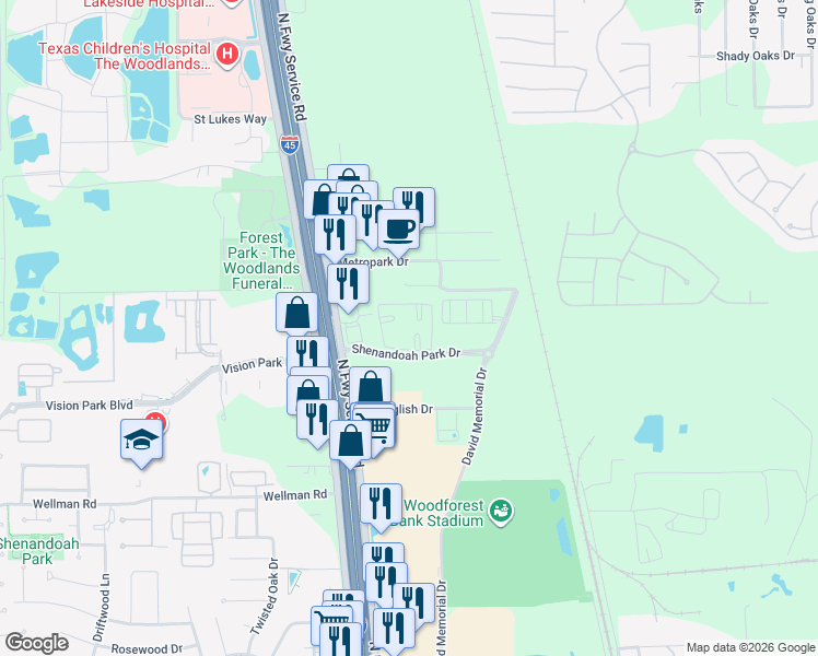 map of restaurants, bars, coffee shops, grocery stores, and more near 8787 Shenandoah Park Drive in Shenandoah