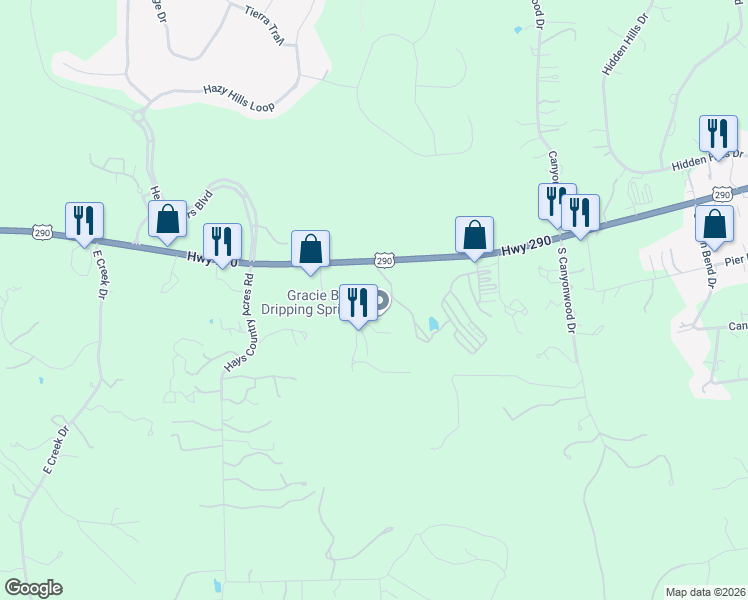 map of restaurants, bars, coffee shops, grocery stores, and more near 251 Frog Pond Lane in Dripping Springs