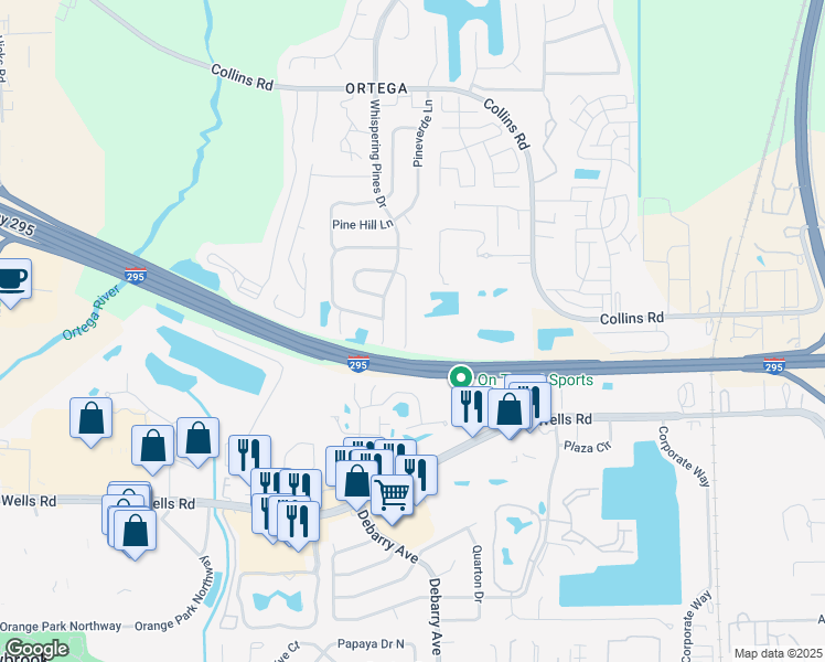 map of restaurants, bars, coffee shops, grocery stores, and more near 8785 Pinevalley Lane in Jacksonville