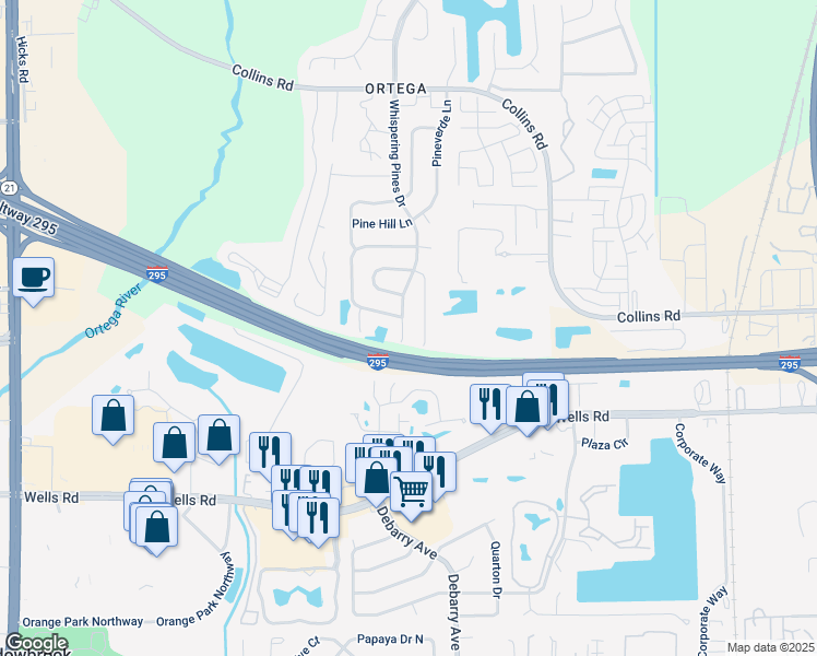 map of restaurants, bars, coffee shops, grocery stores, and more near 8808 Whispering Pines Drive in Jacksonville