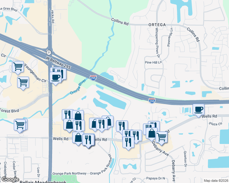 map of restaurants, bars, coffee shops, grocery stores, and more near Interstate 295 in Jacksonville