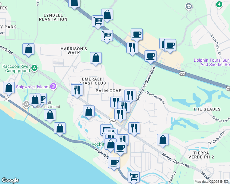map of restaurants, bars, coffee shops, grocery stores, and more near 109 Seagrass Way in Panama City Beach