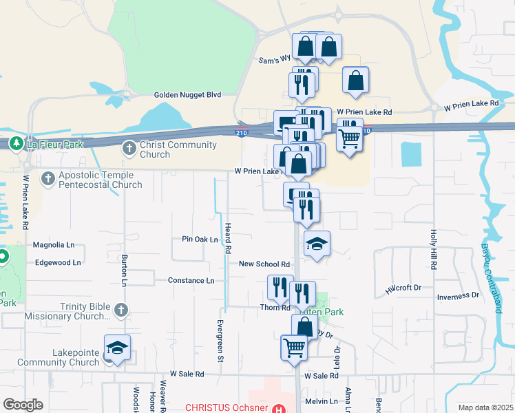 map of restaurants, bars, coffee shops, grocery stores, and more near 1899 Memory Lane in Lake Charles