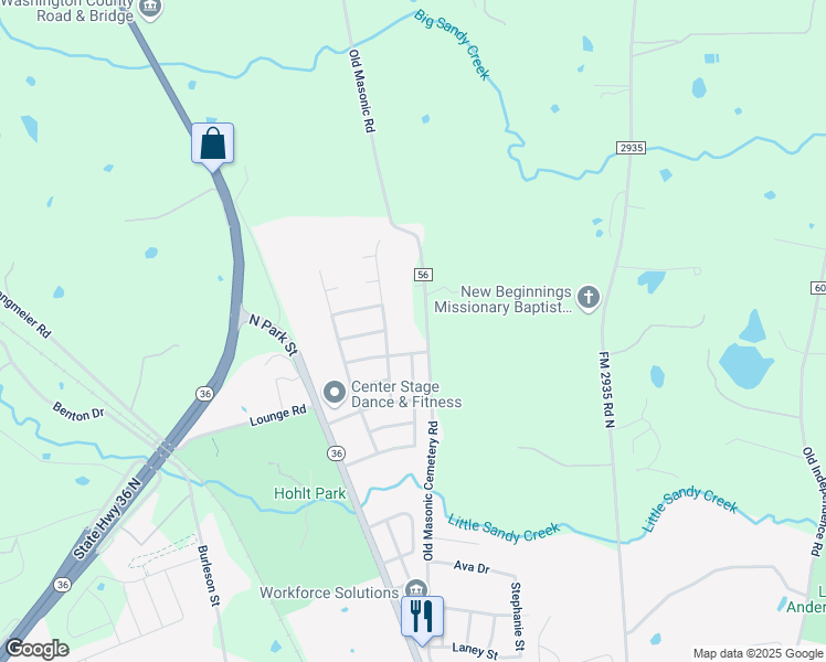 map of restaurants, bars, coffee shops, grocery stores, and more near 503 Hickory Hollow Lane in Brenham