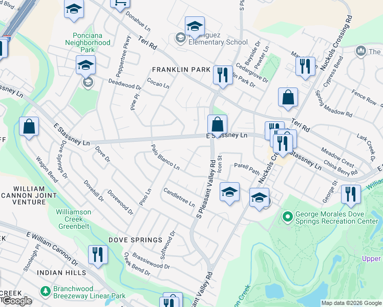 map of restaurants, bars, coffee shops, grocery stores, and more near 4604 East Village Court in Austin