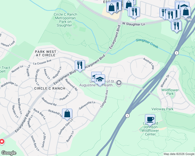 map of restaurants, bars, coffee shops, grocery stores, and more near 10312 Rhett Butler Drive in Austin