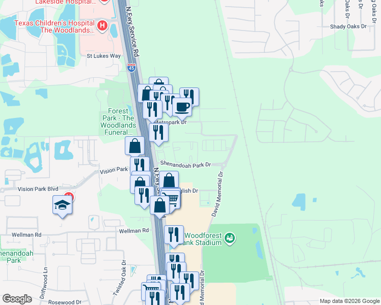 map of restaurants, bars, coffee shops, grocery stores, and more near 8787 Shenandoah Park Drive in Shenandoah
