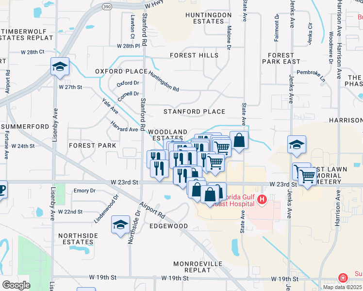 map of restaurants, bars, coffee shops, grocery stores, and more near 2423 Breezy Ln in Panama City