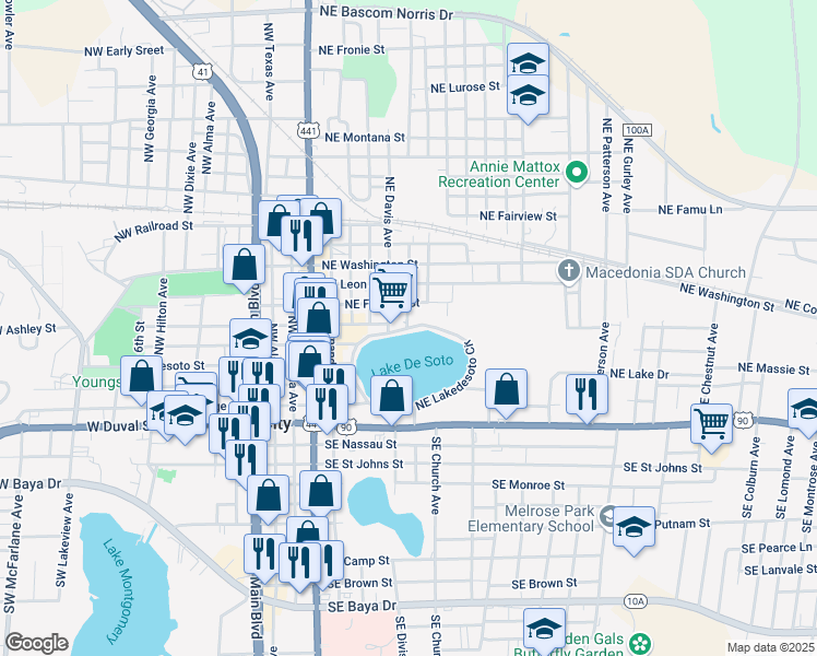 map of restaurants, bars, coffee shops, grocery stores, and more near 905 Northeast Lakedesoto Circle in Lake City