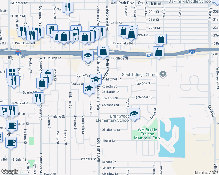 map of restaurants, bars, coffee shops, grocery stores, and more near 1130 Rosetta Street in Lake Charles