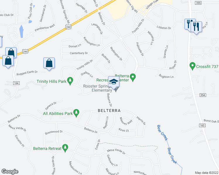 map of restaurants, bars, coffee shops, grocery stores, and more near Belterra Drive in Austin