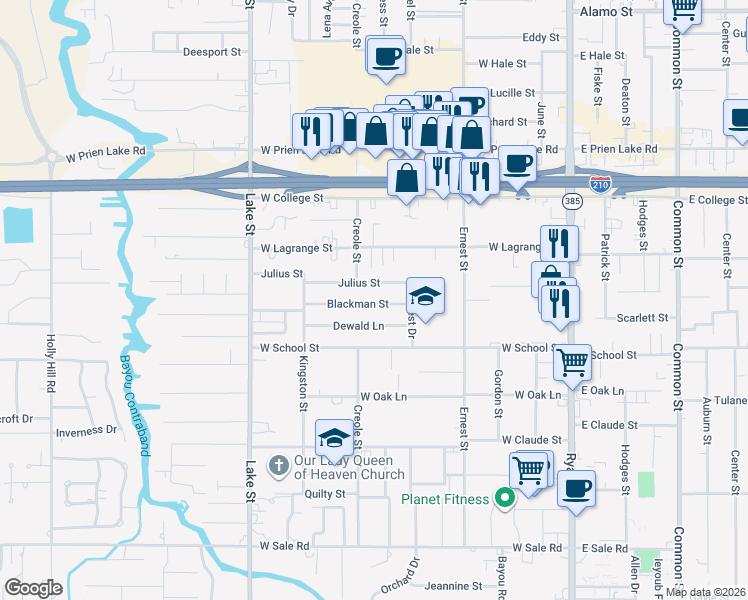 map of restaurants, bars, coffee shops, grocery stores, and more near 604 Dewald Lane in Lake Charles