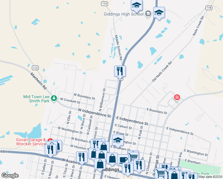 map of restaurants, bars, coffee shops, grocery stores, and more near 160 Gaeke Street in Giddings