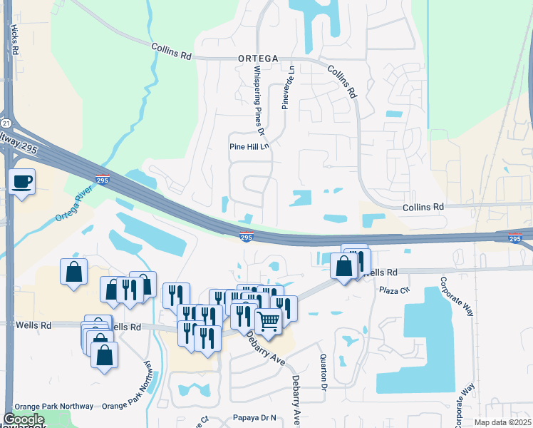 map of restaurants, bars, coffee shops, grocery stores, and more near 8808 Whispering Pines Drive in Jacksonville