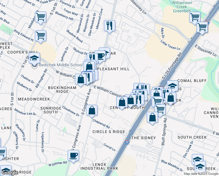 map of restaurants, bars, coffee shops, grocery stores, and more near 304 East William Cannon Drive in Austin