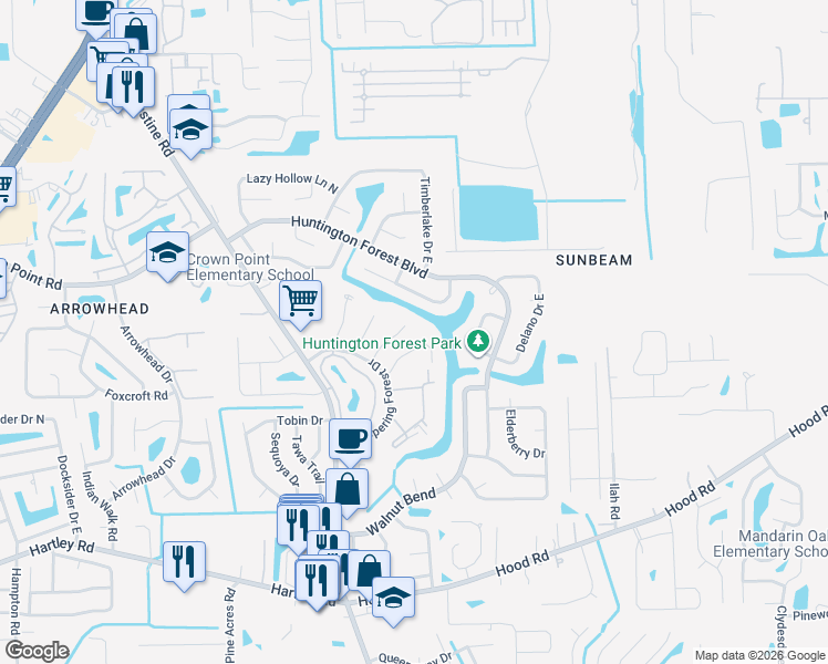 map of restaurants, bars, coffee shops, grocery stores, and more near 4154 Rollingwood Court in Jacksonville