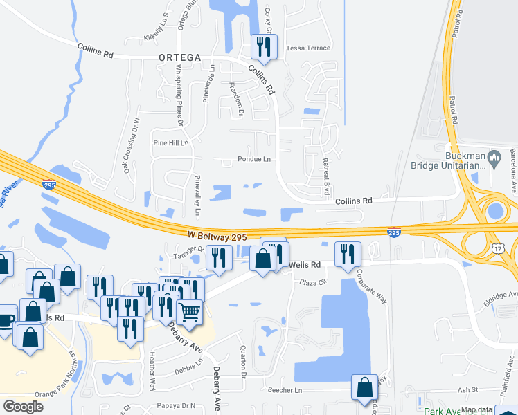 map of restaurants, bars, coffee shops, grocery stores, and more near 5170 Collins Road in Jacksonville