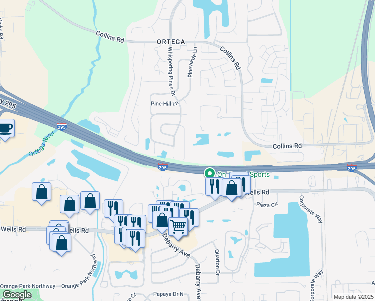 map of restaurants, bars, coffee shops, grocery stores, and more near 8785 Pinevalley Lane in Jacksonville