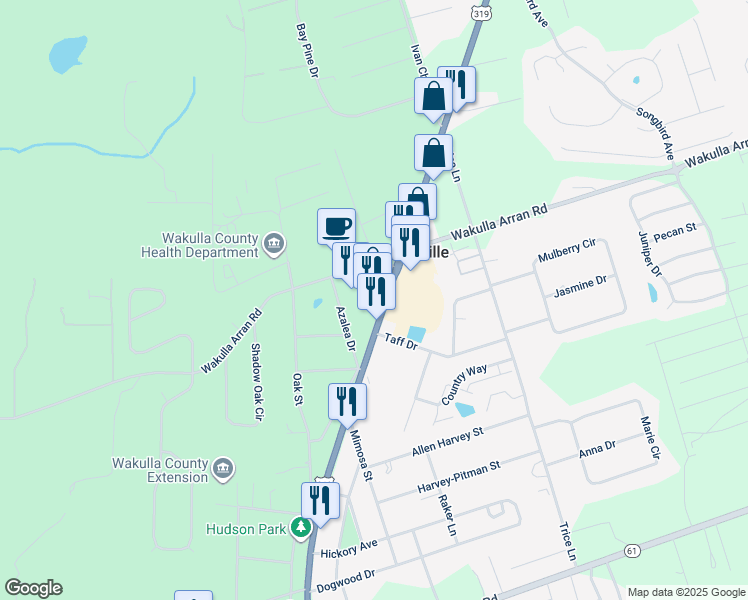 map of restaurants, bars, coffee shops, grocery stores, and more near 2671 Crawfordville Highway in Crawfordville