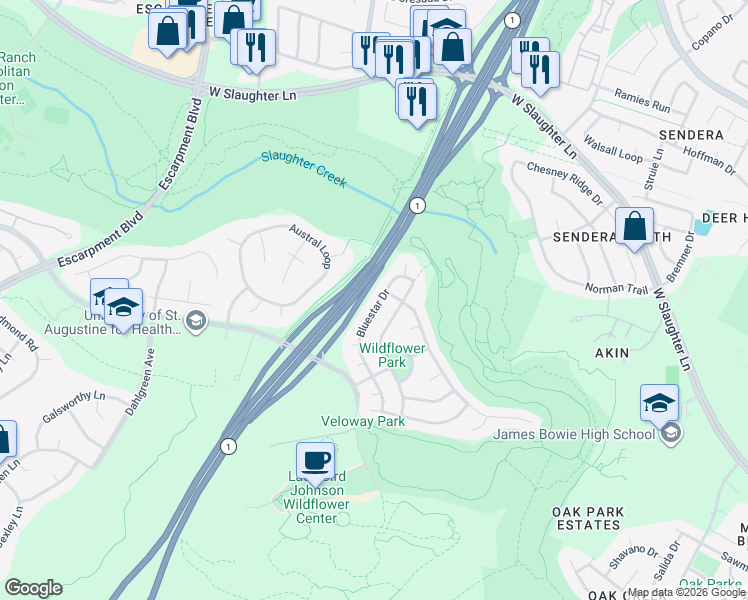 map of restaurants, bars, coffee shops, grocery stores, and more near 5113 Scottish Thistle Drive in Austin