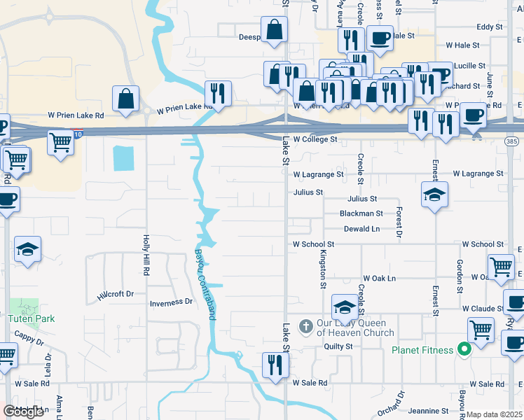 map of restaurants, bars, coffee shops, grocery stores, and more near 907 Audubon Street in Lake Charles