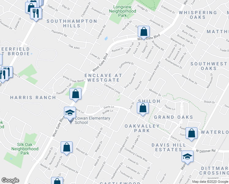 map of restaurants, bars, coffee shops, grocery stores, and more near 8500 Apple Carrie Cove in Austin
