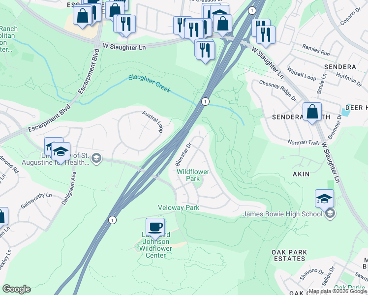 map of restaurants, bars, coffee shops, grocery stores, and more near 5113 Scottish Thistle Drive in Austin