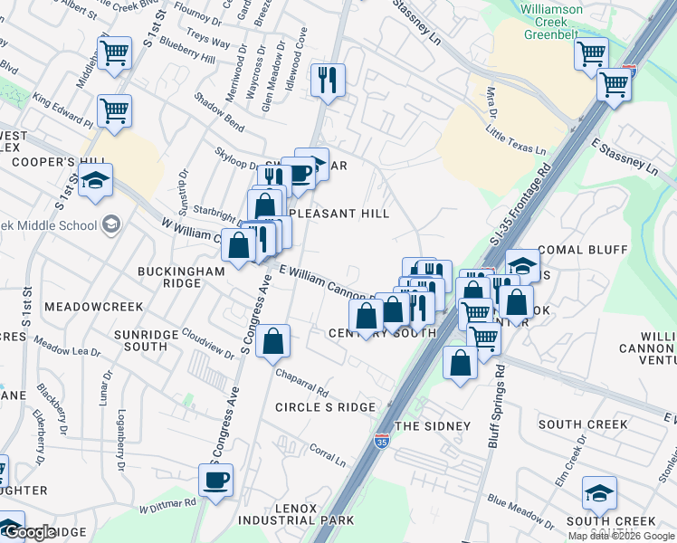map of restaurants, bars, coffee shops, grocery stores, and more near 416 East William Cannon Drive in Austin